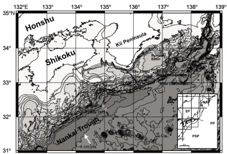 Figure 1. Map of the Nankai Trough, including the Kumano and Muroto transects investigated during ODP Legs 190/196 and IODP Legs 314/315/316 [Moore et al., 2009].