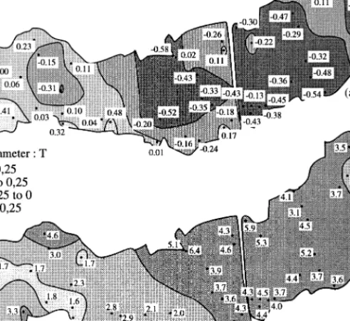 Figure 10. Maps of anisotropy parameters of the Pont-de-Montvert–Borne pluton. (a) shape parameter T; (b) magnitude of anisotropy, P, in per cent.