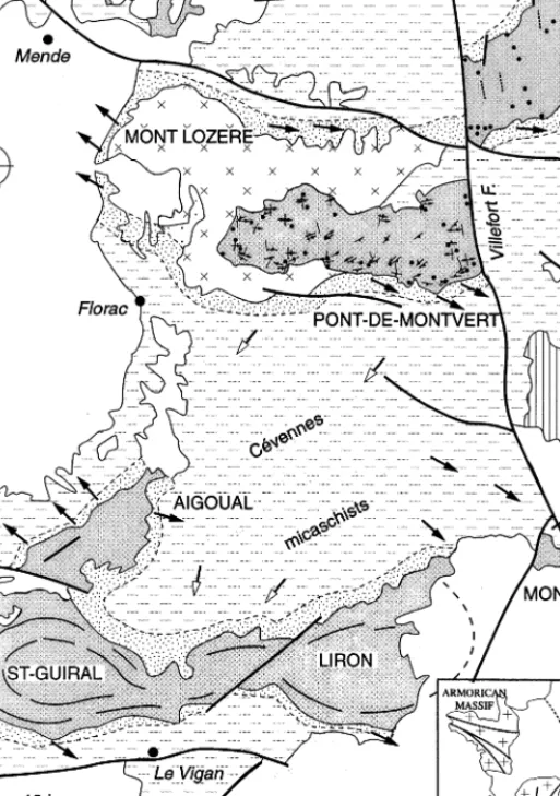 Figure 1. Structural map of the Ce´vennes area, showing the granitic massifs. Fabric elements in the Pont-de-Montvert–Borne pluton are according to Faure et al