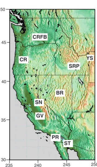 Figure 7. Geological features of the western United States. Features correlated with velocity anomalies in the Rayleigh wave group velocity maps include the Basin and Range province (BR), Cascade Range (CR), Columbia River Flood Basalts (CRFB), Great Valle