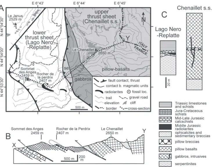 Fig. 2: Geological setting of the western Chenaillet-Montgenèvre area. A: topography and geology (modified from [13]); se: serpentinites;  