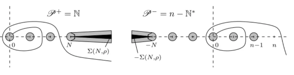 Figure 1. The set R • ρ,N ( P ± ) and the image of a (ρ, N, P ± )-adapted path.