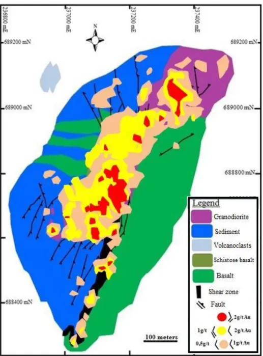 Figure 6 : Map showing the distribution of gold in the Bonikro gold deposit pit. 