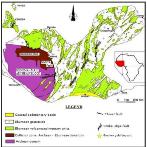 Figure 1 : Geological map of the West African craton (modified after Milési et al., 1989) showing the Bonikro gold  deposit location