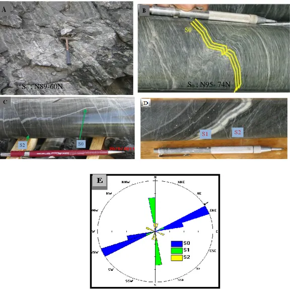 Figure 3: The folded bedding, the S 1  and S 2  and their orientation in the Bonikro gold deposit