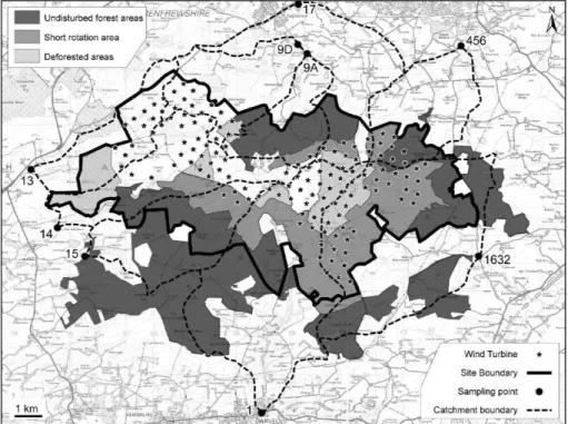 Fig. 1. The Whitelee site showing proposed turbine location, planned deforestation and the nine-subcatchments sampled