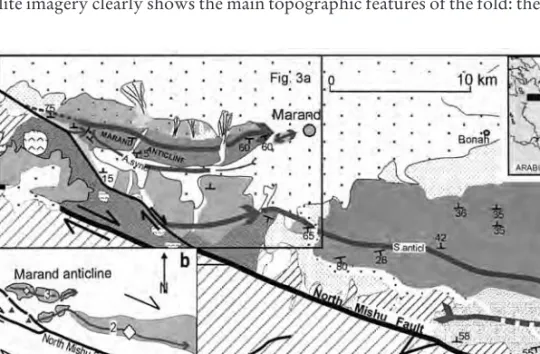 Fig. 5. Geological and morphostructural map of the Marand zone (NW Iran). a. Geological map: 1: Alluvium; 2: Subactual alluvial fan deposits; 3: Intermediate alluvial fan deposits (Qf2);