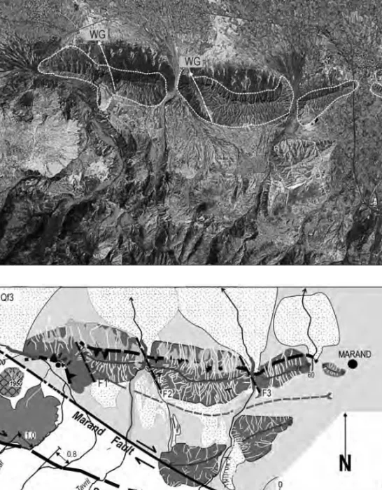 Fig. 6. Morphotectonic scheme and drainage pattern of the Marand anticline. a: Shaded SRTM topography of the Marand anticline ridge; b: Structural pattern and drainage network of the Marand anticline