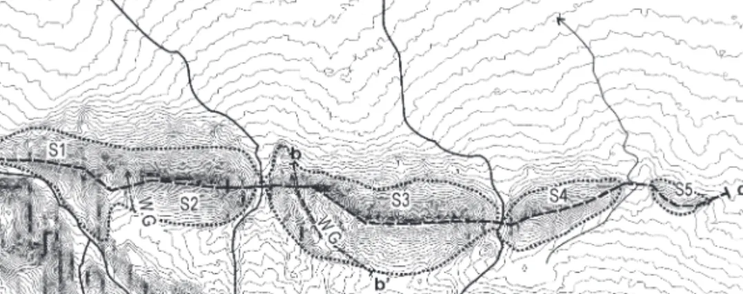 Fig. 7. The geomorphic pattern of the Marand anticline ridge (NW Iran). a: Topographic map and location of cross sections; b: Transversal topographic profile across the fold, and through the wind gap: 1: wing gap profile; 2: Plots of the vertical distribut