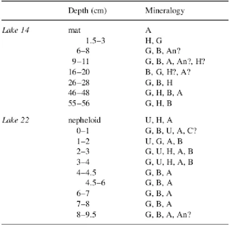Table 1. Qualitative mineralogical composition of samples from lakes 14 and 22. H=halite, G=gypsum,  An=anhydrite, B=bassanite, A=aragonite, C=calcite, U=unknown (peaks at 3.13, 2.22, and 1.81 Å)