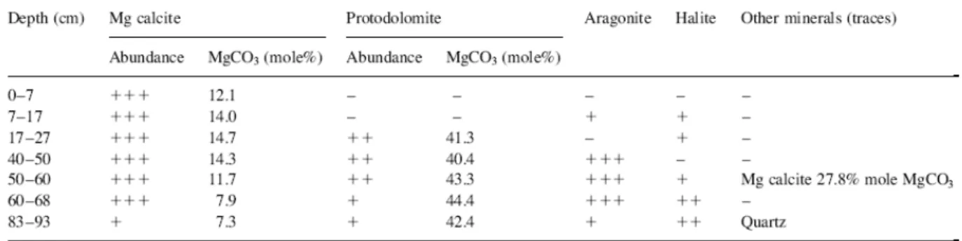 Table 2. Qualitative mineralogical composition of &lt;40  μm fraction of lake 30 sediments: (+++) major, (++)  minor, and (+) traces 