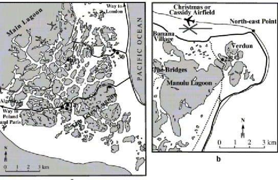 Fig. 3. Localization of lakes referred to in this paper: (a) in the eastern part of the island, and (b) in the north- north-eastern part of the island