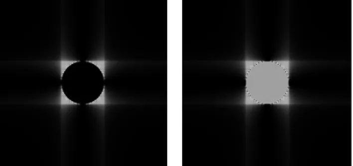 Fig 3 Intensity on the detector for a circular pupil and a null incoming phase. Left: coronagraph case δ “ λ{2