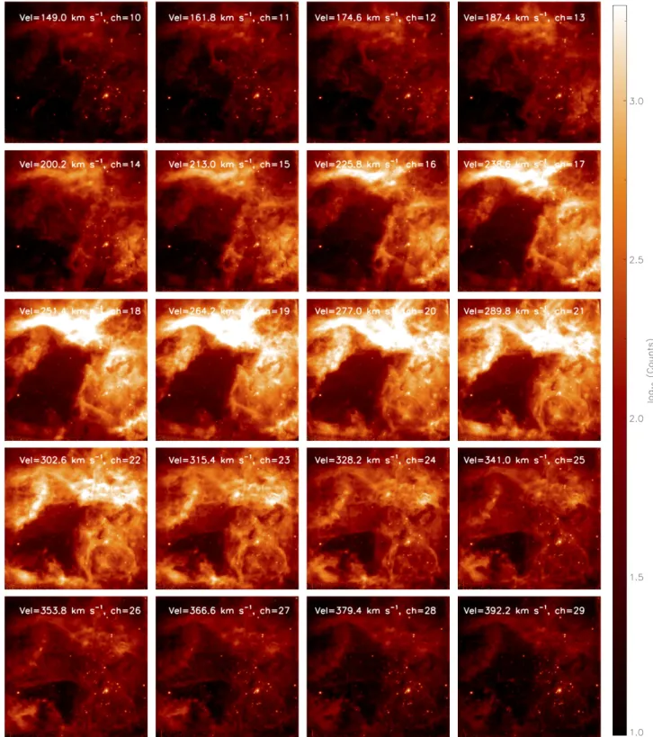 Figure 5. Channel maps for the Hα data cube of 30 Doradus. We show here the 20 channels (of the 40 channels observed) with most emission