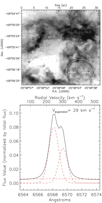 Figure 7. Top panel: channel 23 (315.4 km s −1 ) of the 30 Dor data cube, where the white circle indicates the location of the  expand-ing bubble