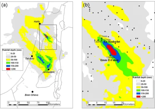 Fig. 6. Storm rain depth map based on calibrated radar data. (a) entire radar coverage, (b) enlargement of the flooded area (Wadi Ara)