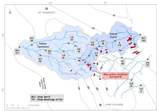 Fig. 8. The main storm core in Wadi Ara. Radar rainfall contour lines, peak discharges, and geomorphologic impacts.