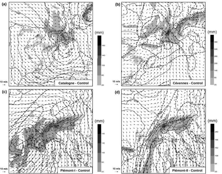 Fig. 2. Control simulation for the fine domain, showing sea level pressure (continuous line, in hPa), precipitable water (dashed line, in mm) and horizontal wind at 950 hPa (vectors) of each episode: (a) Catalogne at 00:00 UTC on 10 June 2000; (b) C´evenne