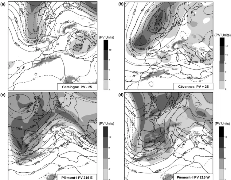 Fig. 4. Selected perturbed simulations for the coarse domain, showing geopotential height at 500 hPa (continuous line, in gpm), temperature at 500 hPa (dashed line, in ◦ C) and isentropic PV on the 330 K surface (shaded, according to scale) for the followi