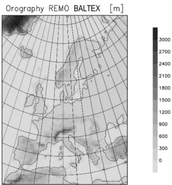 Fig. 1. The standard model domain: REMO BALTEX orography in 0.5 ◦ resolution.