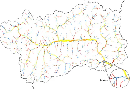 Fig. 4. Altimetric stream network evolution: yellow is stability, red is erosion, and blue is sedimentation.