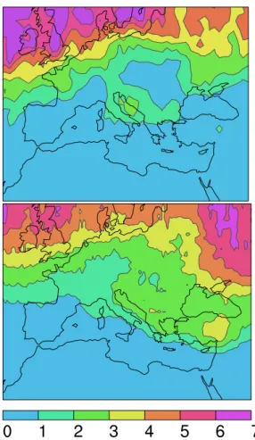 Fig. 3. Synoptic signal according to the ERA-40 data (top) and to the CTR simulation of the RegCM model (bottom)