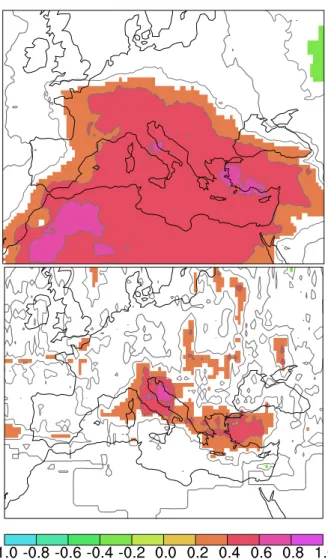 Fig. 9. Spearman Rank correlation of the seasonal precipitation at the Turkish and Eastern Mediterranean coast with the synoptic signal (top) and with the frequency of cyclone centers deeper than 15 hPa (bottom)
