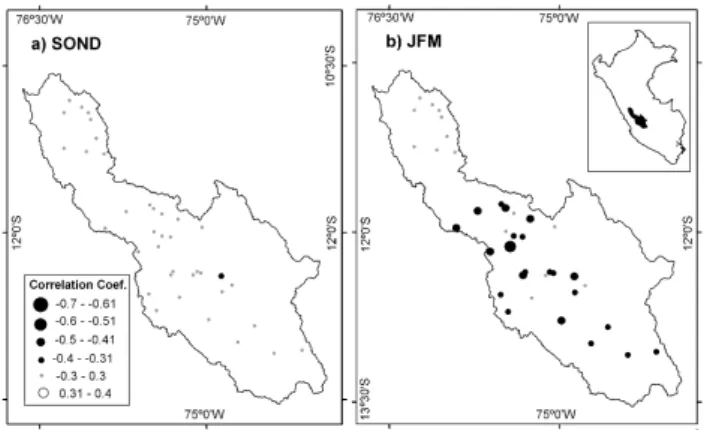 Fig. 4. Percentage of the variance of the average precipitation in the Mantaro basin explained (correlation coefficient squared) by  differ-ent SST indices: Ni˜no 4, Ni˜no 3, North Tropical Atlantic (NTA), South Tropical Atlantic (STA) indices and the diff