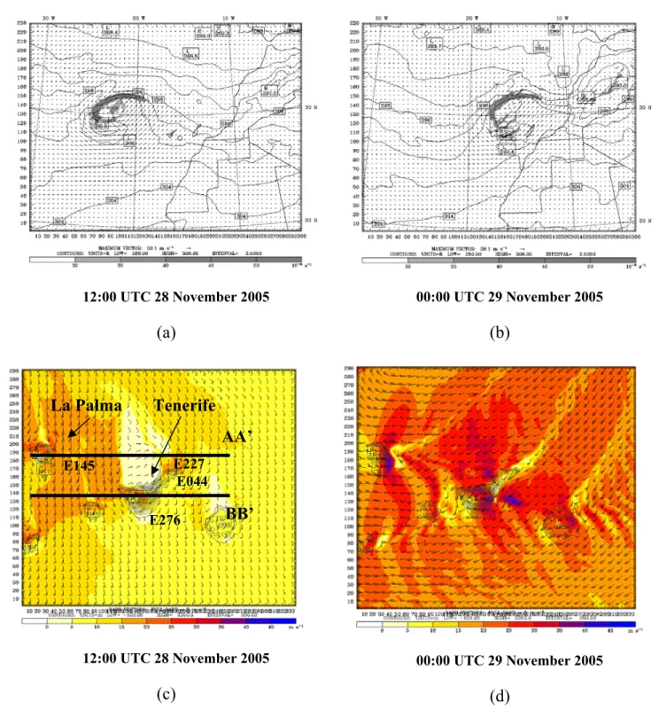 Figure 2. (a,b) Simulated 850-hPa potential temperature (contour plots: K), winds (vector AA’ BB’ La Palma Tenerife E145 E276 E044 E227 