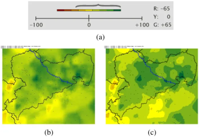 Figure 4. Schematic of the colour mapping (a) and resulting maps (b) and (c) for the summer precipitation in Saxonia using a  three-part colour scheme placed symmetrically around the value zero and extending to the maximum value
