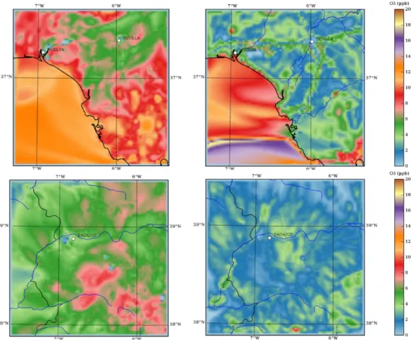 Figure 2. Impacts of an increase of 50% in initial and boundary conditions (run a –base case) at 00:00 UTC (left) and 12:00 UTC (right) hours for 13 August, for the Huelva (up) and Badajoz (down) domains.