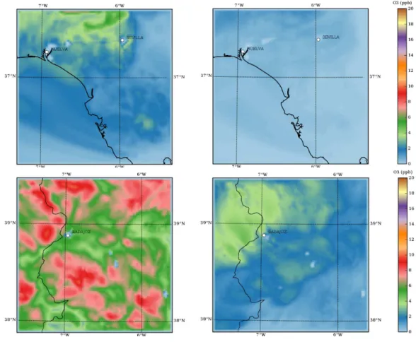 Figure 3. Impact of initial conditions (run b – base case) at 48 h (left) and 72 h (right) after the simulation started for the Huelva (up) and Badajoz (down) domains.