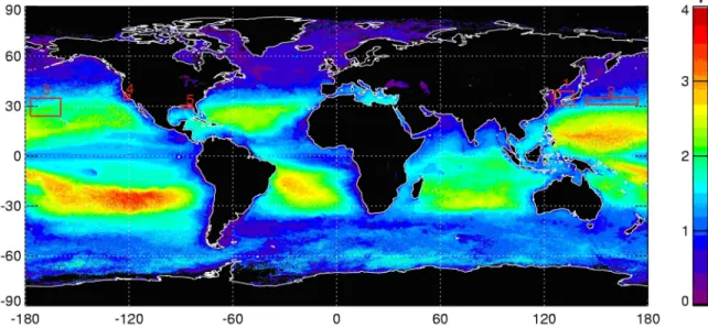 Figure 3. Global map of annual mean value of g in 2001 derived from SeaWiFS imagery. The red frames identified by the numbers 1 to 5 show specific regions where in situ data of g were collected in 2001