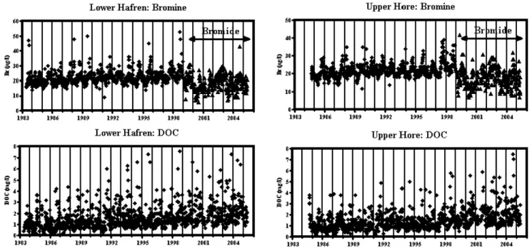 Fig. 3. Dissolved labile bromine, bromide and DOC concentration