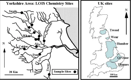Fig. 1. Location map for the eastern UK rivers and for the LOIS monitoring points.