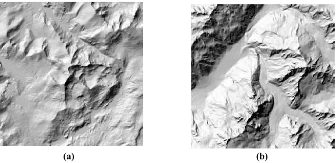 Fig. 2. Shaded topography for 12 km × 12 km areas in (a) North Wales and (b) the French Alps, illuminated from the northwest with a solar elevation of 45º.