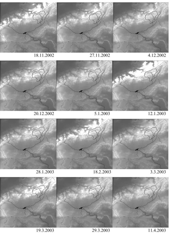 Fig. 4. Temporal sequence of snow maps of the High Atlas Mountains derived from MODIS satellite image analysis for the winter 2002/03.