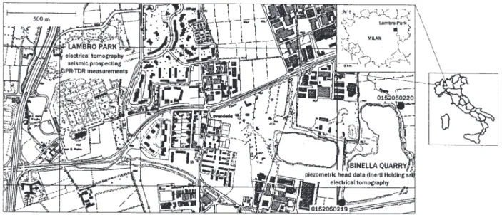 Fig. 1. Map of the study area. The Binella quarry is located at the South-East corner, the dots with the code show the positions of the wells