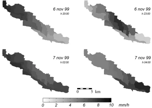 Fig. 4. Rainfall fields generated by kriging (of 13 point measurements) from rainfall gauges in the Dese area