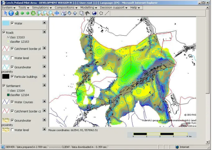 Fig. 4. Groundwater level (both isolines and raster) as a result of ModFlow model presented by web client.