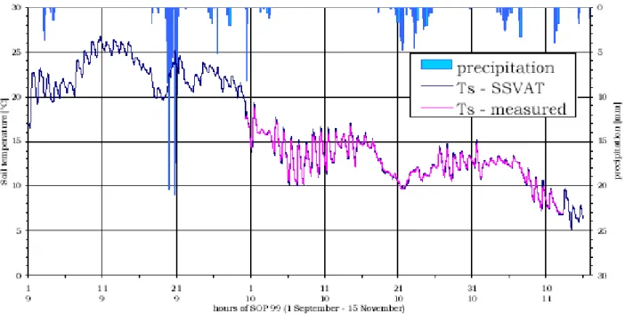 Fig. 8. Comparison between soil temperature measured at the Siberia site and computed by the SSVAT model for the corresponding cell; tpr