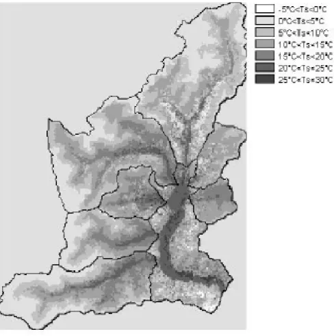 Fig. 2. Distributed surface soil temperature simulated by SSVAT at 12:00 UTC of the 29th of June 1997, darker colour indicates higher temperature in the range [-5.2, 28.3] °C.