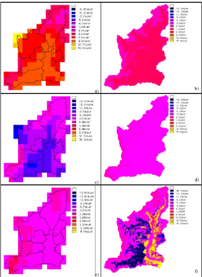 Fig. 3. Distributed energy fluxes at the snow/soil surface simulated by BOLAM and SSVAT from 18:00 UTC of the 28th of June untill 18:00 UTC of the 29th of June 1997 (TT4 event): a) BOLAM and b) SSVAT shortwave radiation balance, c) BOLAM and d) SSVAT laten