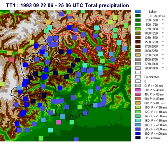 Fig. 5. The total precipitation during the Brig event from 1993 September 24 at 06 UTC to 25 06 UTC in the Ticino-Toce catchment, observed from raingauge stations and the Monte Lema radar (after Hagen and Meischner, in Bacchi and Ranzi, 2000).