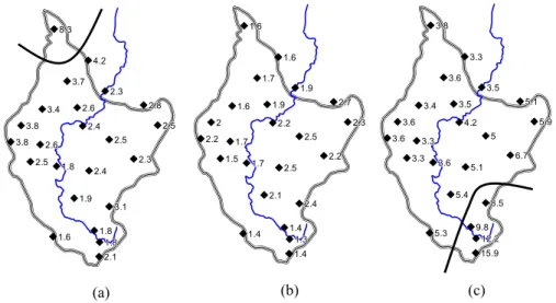 Fig. 2. Average daily precipitation at every rain gauge, per group, for the clustering of precipitation fields into 3 groups