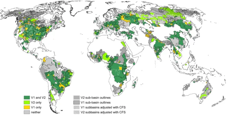 Fig. 3. Results of tuning WGHM 2.1 f variants V1 and V2. The color of the basins indicates whether each variant can compute observed long-term average river discharge at the stations by only adjusting the runoff coefficient