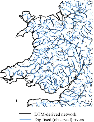 Fig. 6. Map of Wales comparing DTM-derived river networks at a 1km resolution with digitised (observed) river networks.