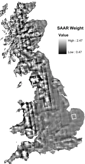 Fig. 4. Map of Great Britain showing the ratio of 1km SAAR to the mean SAAR of a 25km RCM grid-cell.