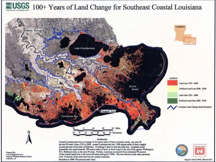 Fig. 2. Land loss and gain in south-east coastal Louisiana (USGS, 2003)