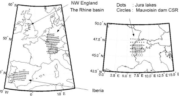 Fig. 1. Location of selected regions in the regular PRUDENCE grid for the five SWURVE case study regions (0.5°